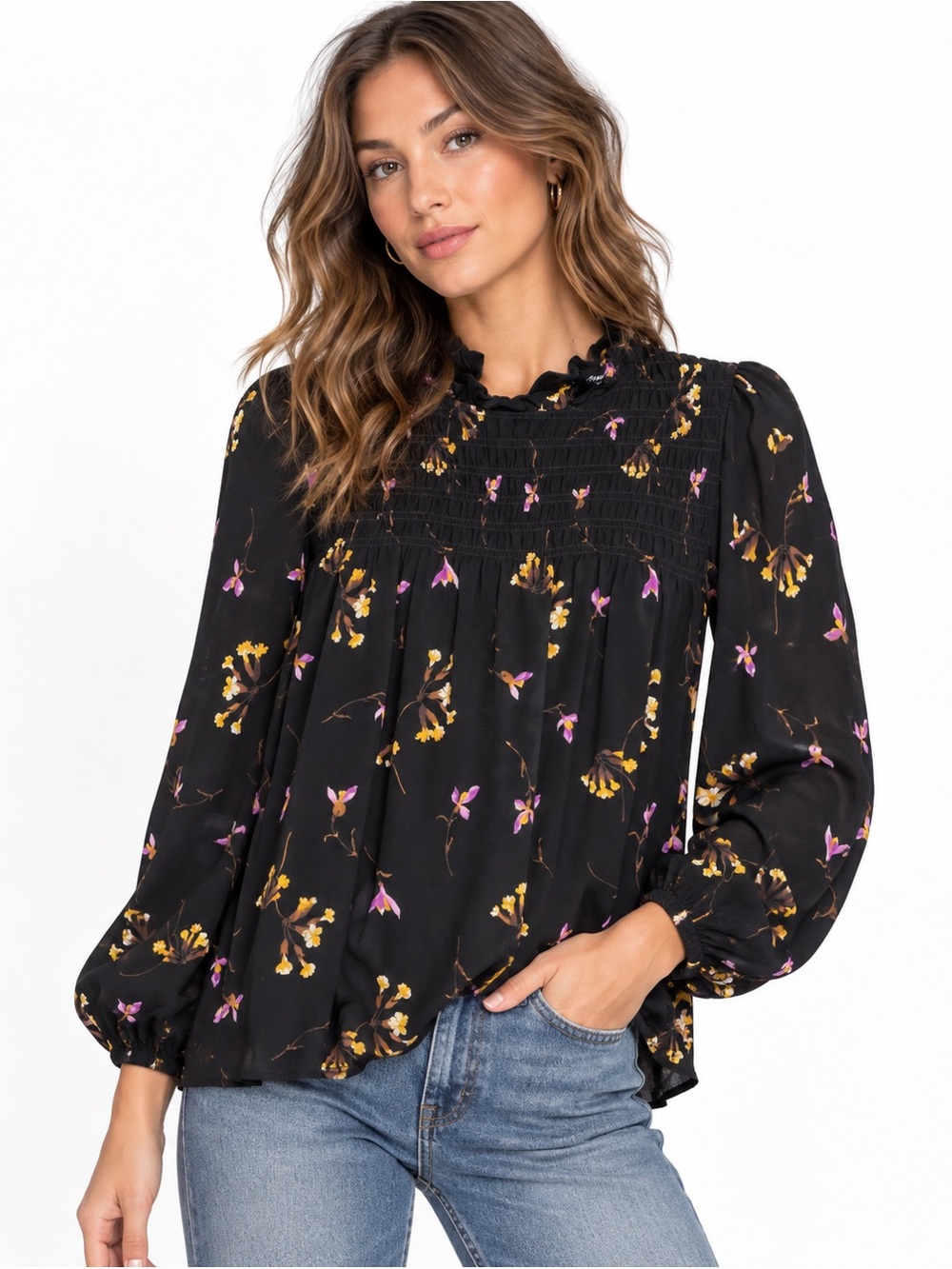 Madewell Womens Georgette Falling Freesias Blouse Medium Smocked Floral Ruffle